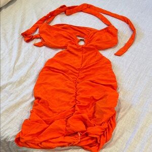 Orange Halter Cutout Ruched Mini Dress